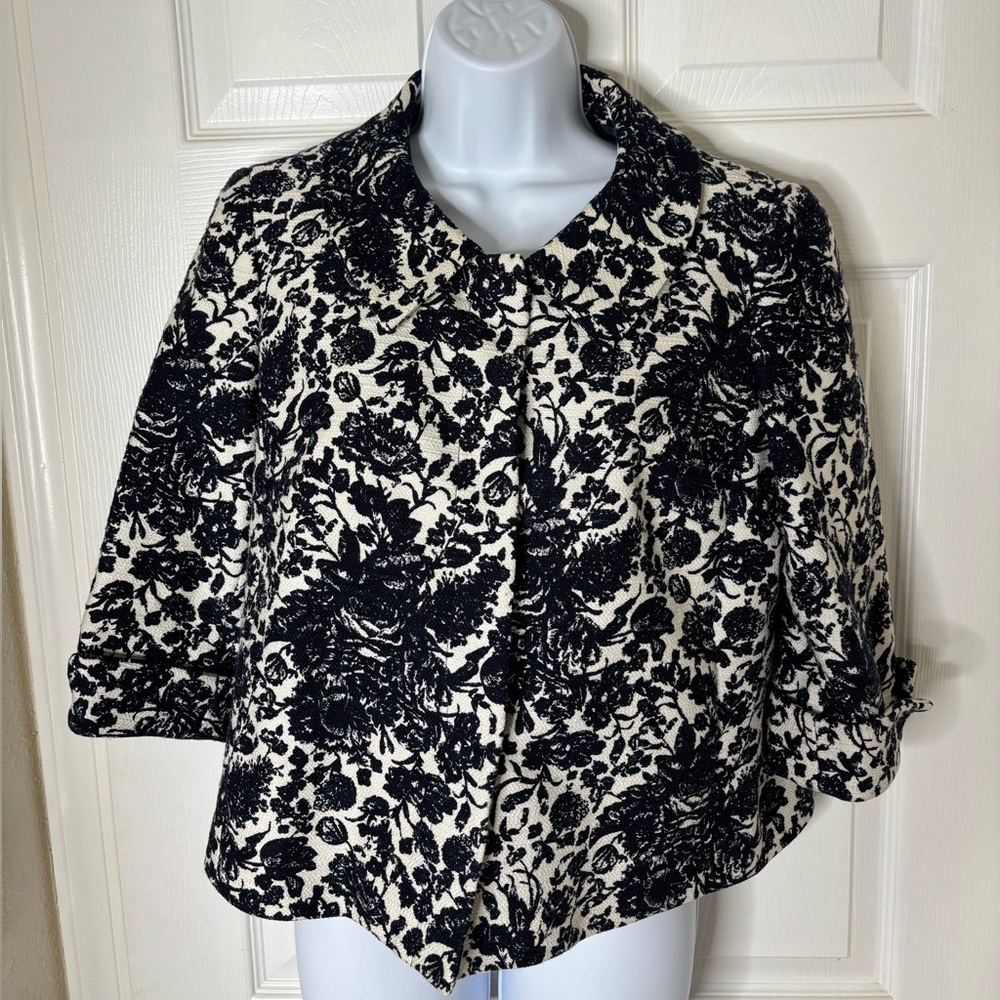 Talbots Navy Blue White Floral Jacquard Blazer Jacket Size 8 Classic Elegant